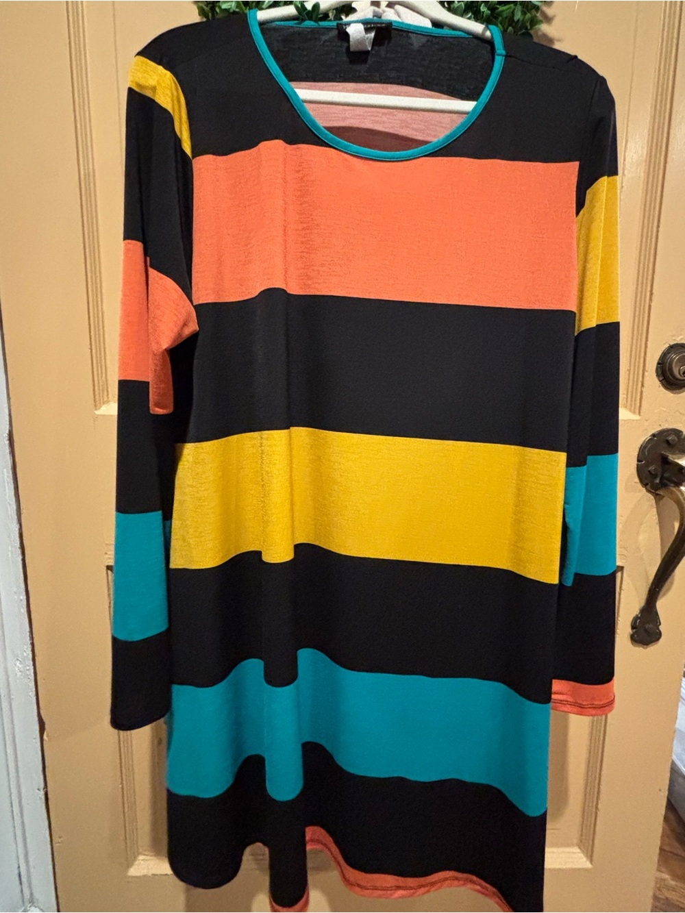 Colorblock Long Sleeve Swing Dress - Black, Coral, Yellow & Teal